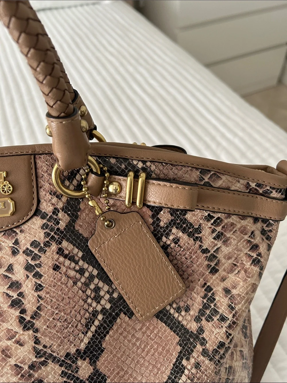 Coach Pink Snake-Print Satchel with Tan Trim - Picture 5 of 12